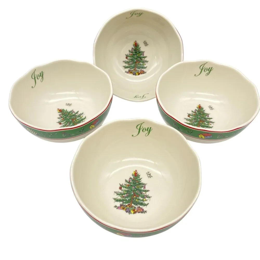 Spode Vintage Christmas‎ Tree Scalloped bowls Green nuts dessert England 4 3/4